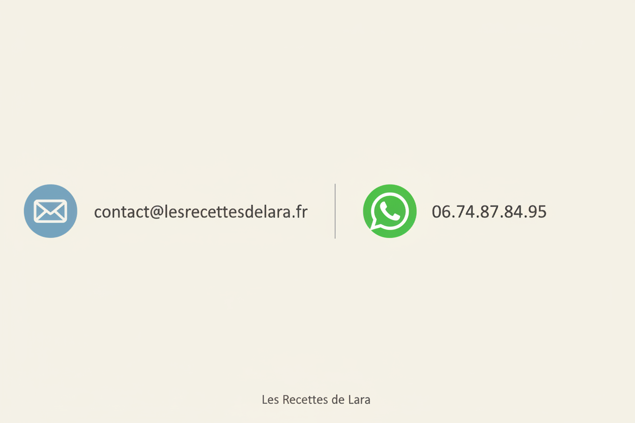 logo email et whatsapp mais rajoute mon email "contact@lesrecettesdelara.fr", et pour whatsaapp "06.74.87.84.95"